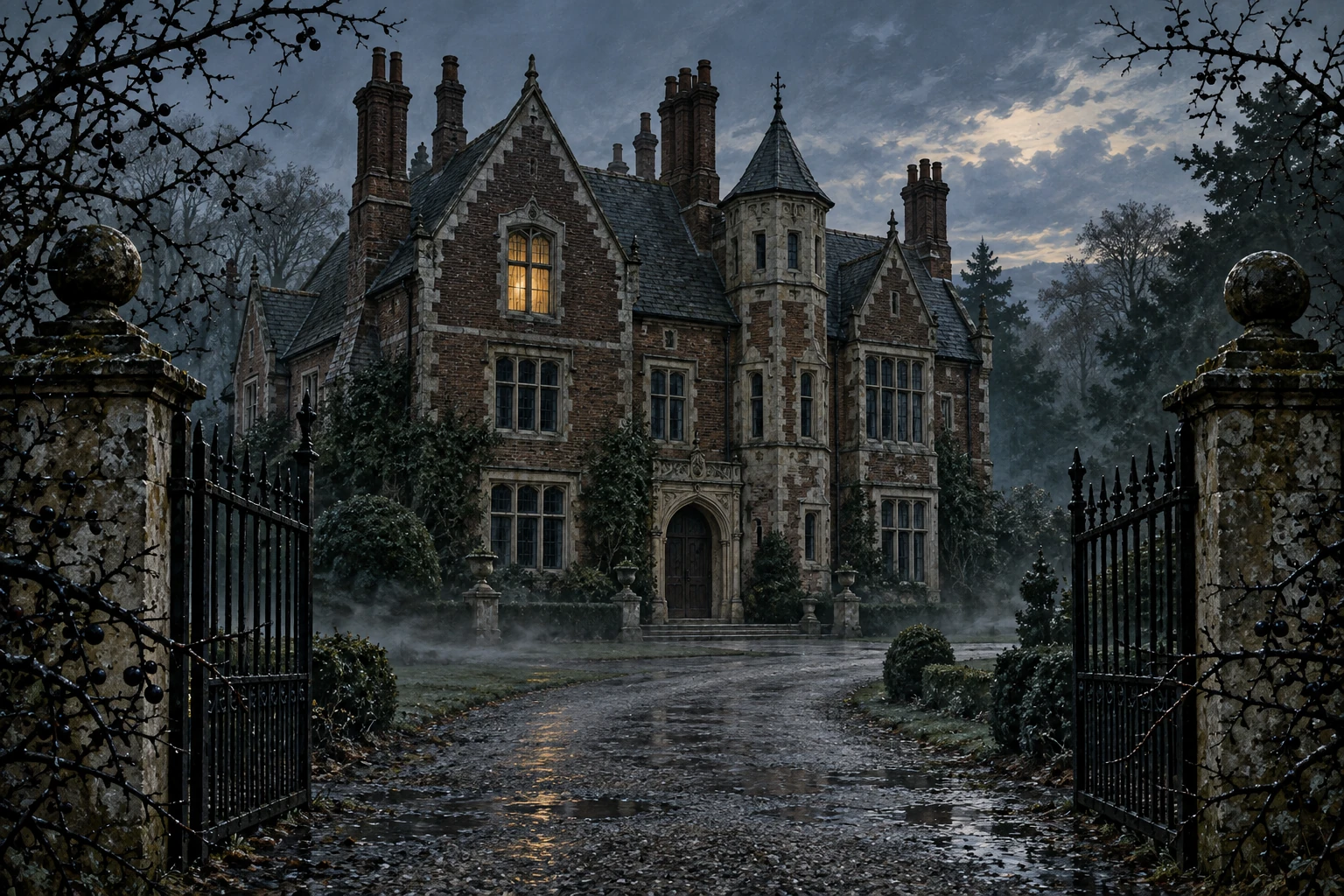 La maison Blackthorn derrière ses grilles sous la pluie, une fenêtre éclairée au crépuscule.
