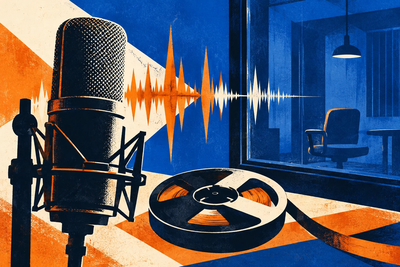 Sérigraphie bleue et orange : microphone, bobine et studio désert.