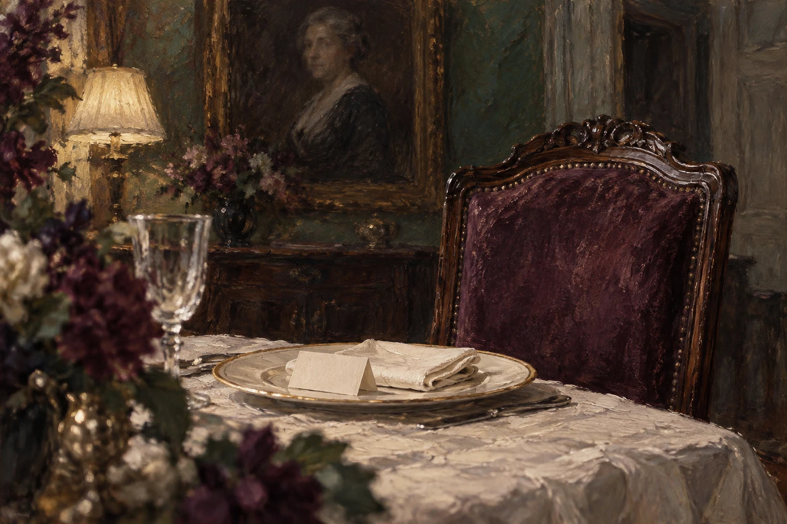 Une table dressée, un couvert intact et une chaise vide dans une maison au soir tombant.
